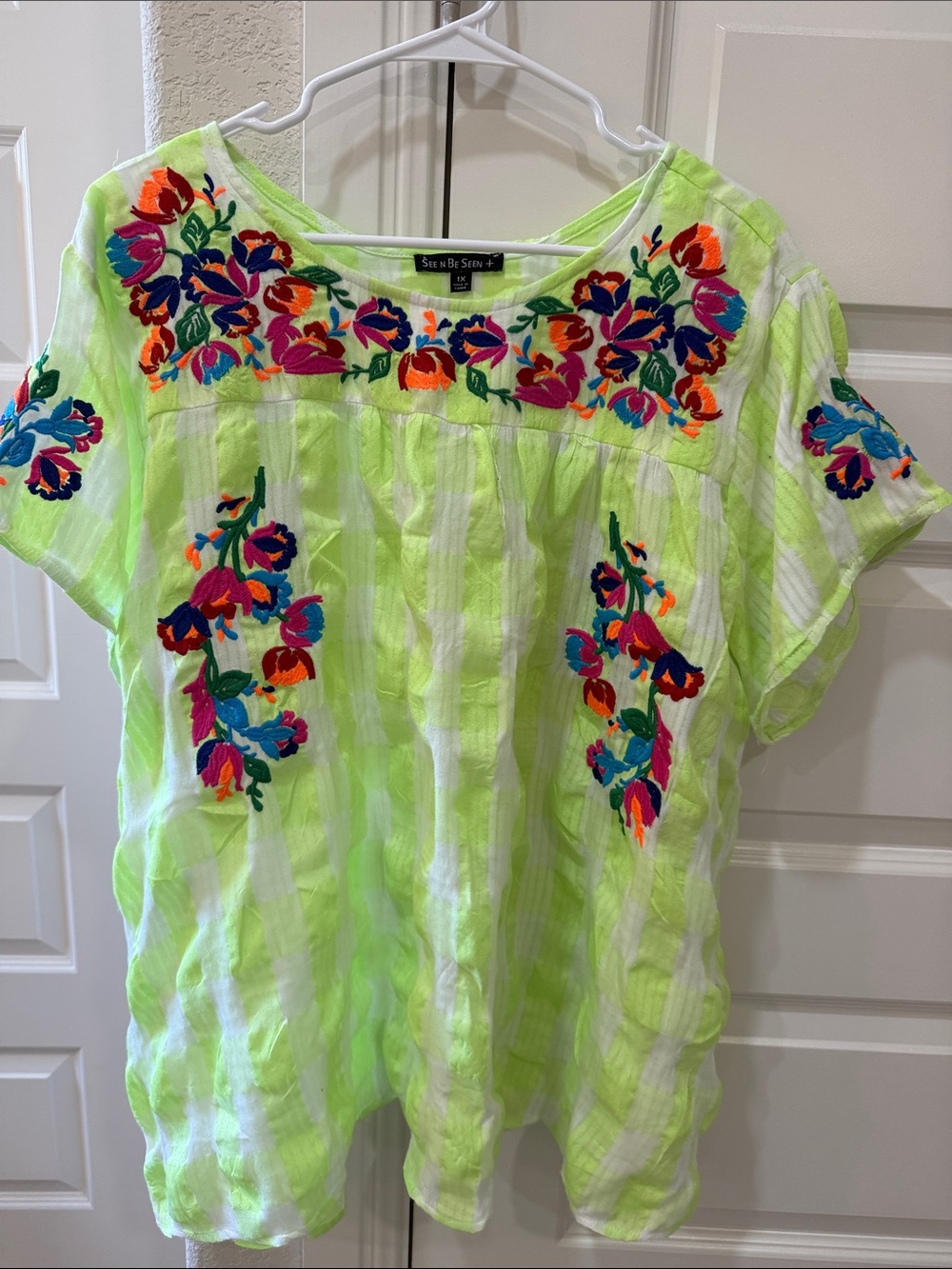 See N Be Seen Neon Lime Embroidered Floral Top